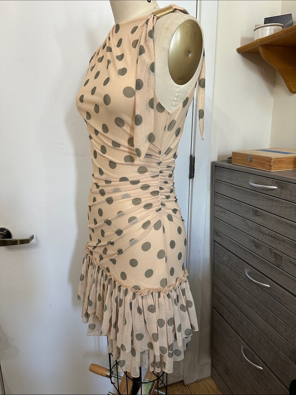 Sleeveless Beige Polka Dot Ruched Dress